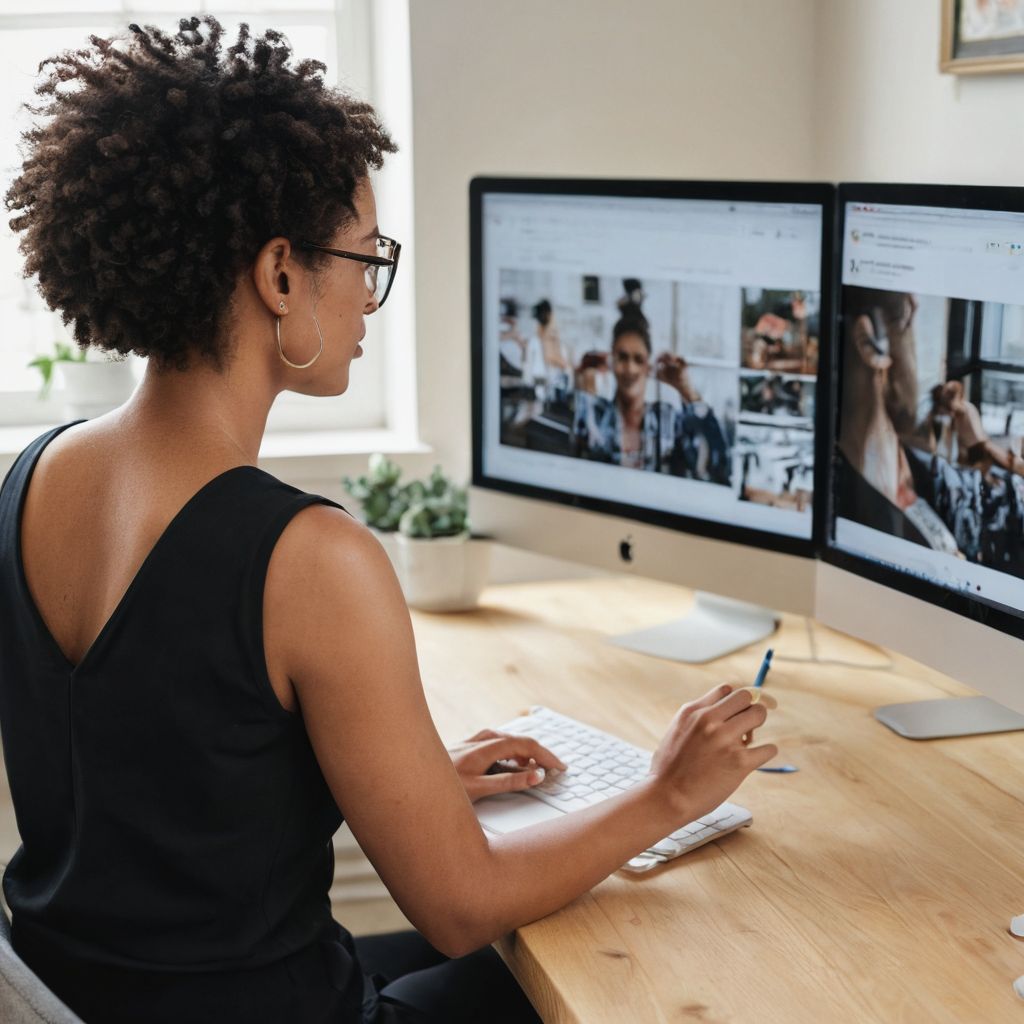 Woman editing AI-generated product videos on a dual-monitor computer setup