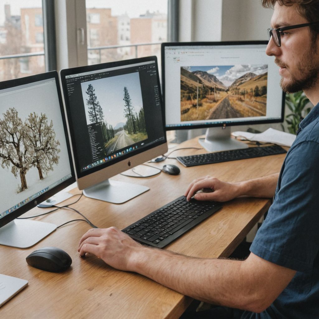 Man editing AI-generated product images on a three-monitor computer setup