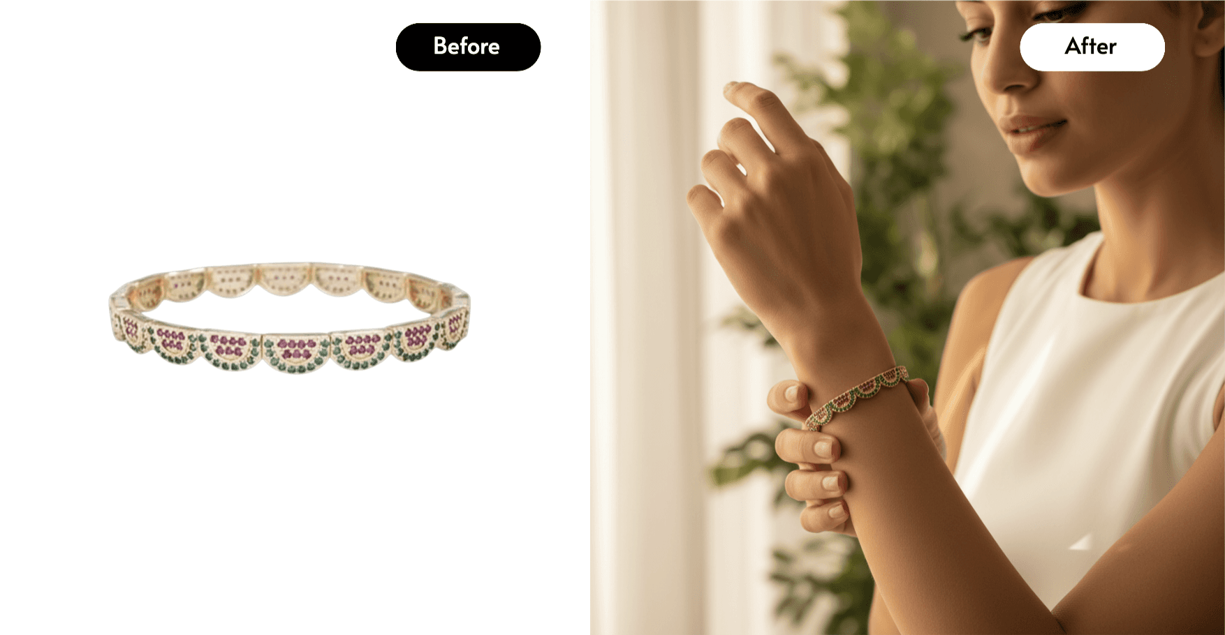 AI product photography before and after of bracelet on model in white dress