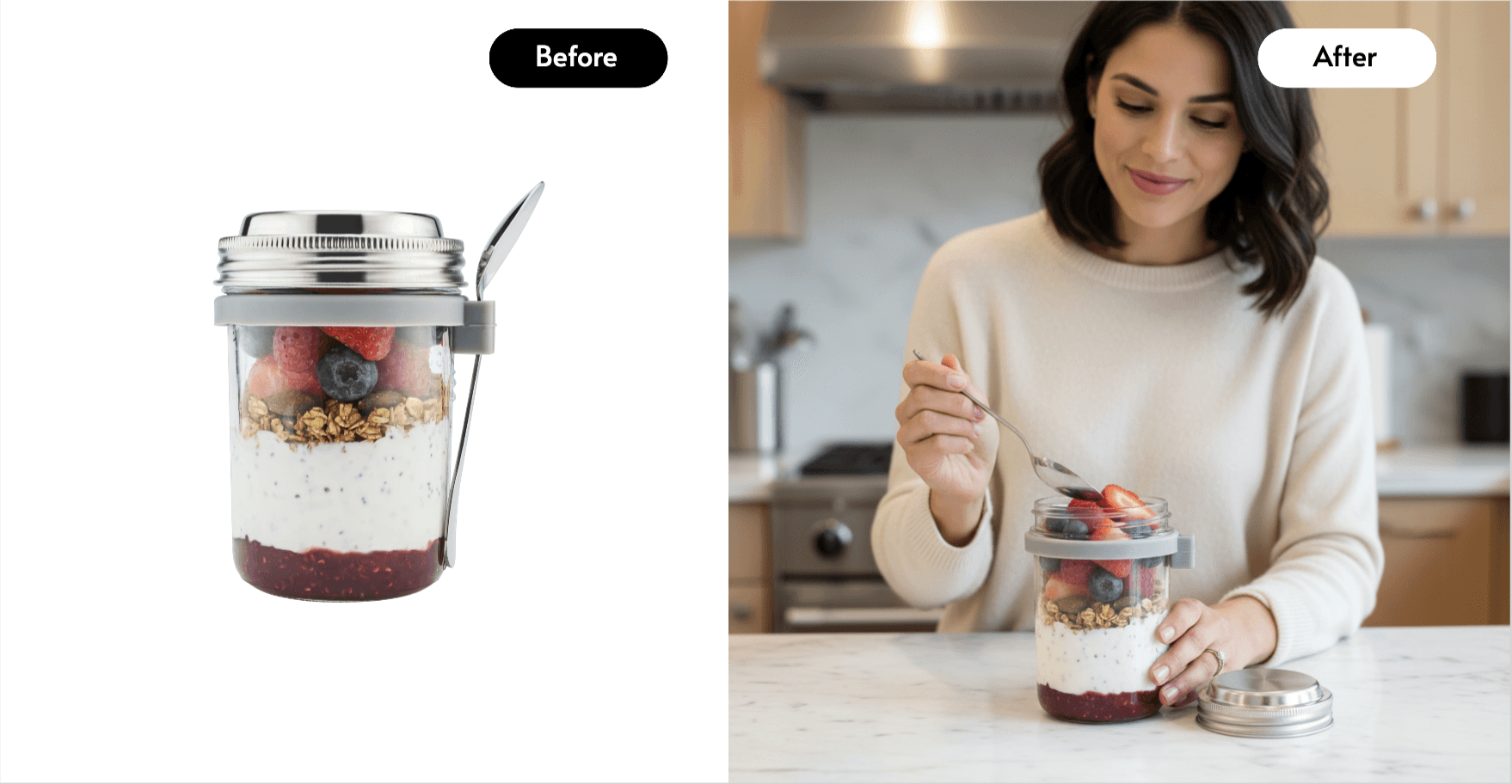 AI food photography before and after showing woman eating berry yogurt snack