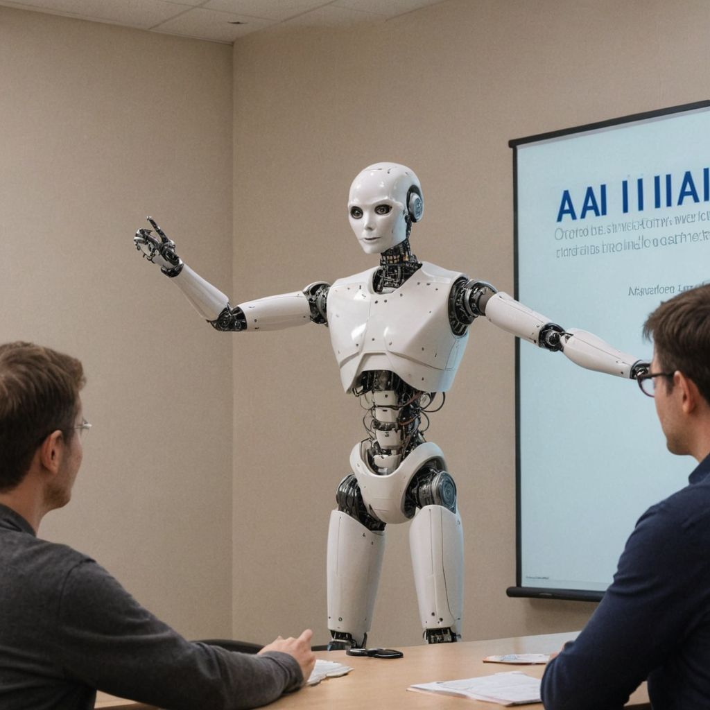 Robot delivering a lecture, illustrating how to gain experience in AI